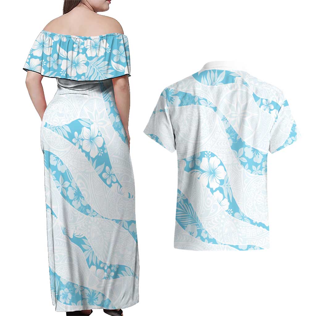 Aloha Hawaii Floral Tapa Couples Matching Off Shoulder Maxi Dress and Hawaiian Shirt Patchwork Turquoise - Polynesian Pride