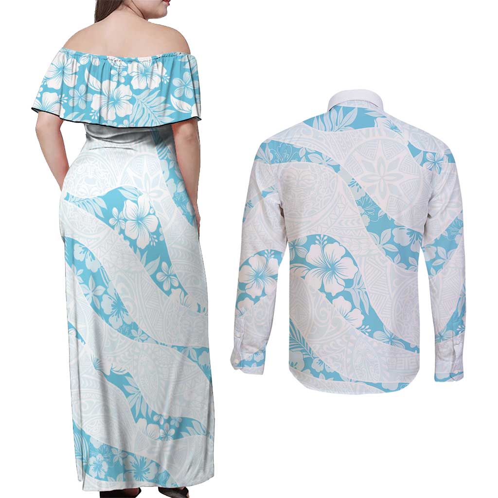 Aloha Hawaii Floral Tapa Couples Matching Off Shoulder Maxi Dress and Long Sleeve Button Shirt Patchwork Turquoise - Polynesian Pride