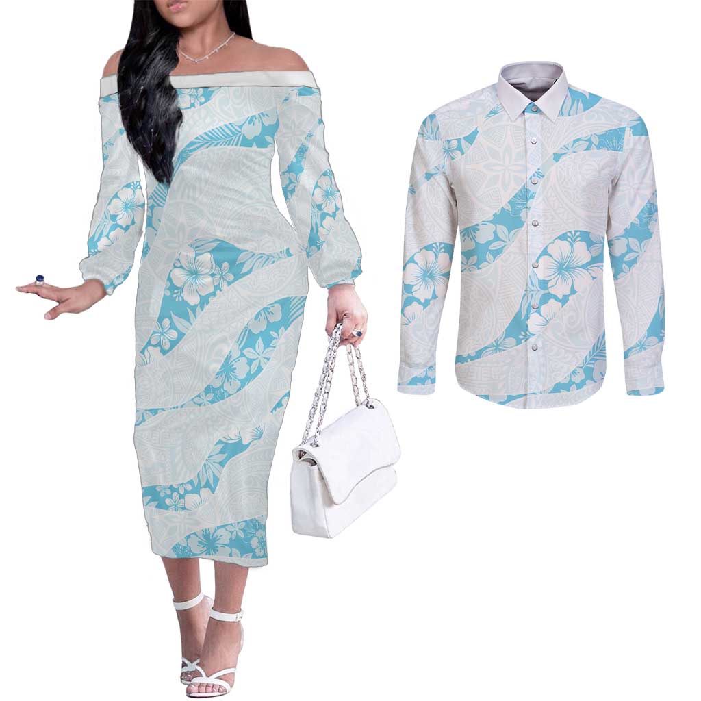 Aloha Hawaii Floral Tapa Couples Matching Off The Shoulder Long Sleeve Dress and Long Sleeve Button Shirt Patchwork Turquoise - Polynesian Pride