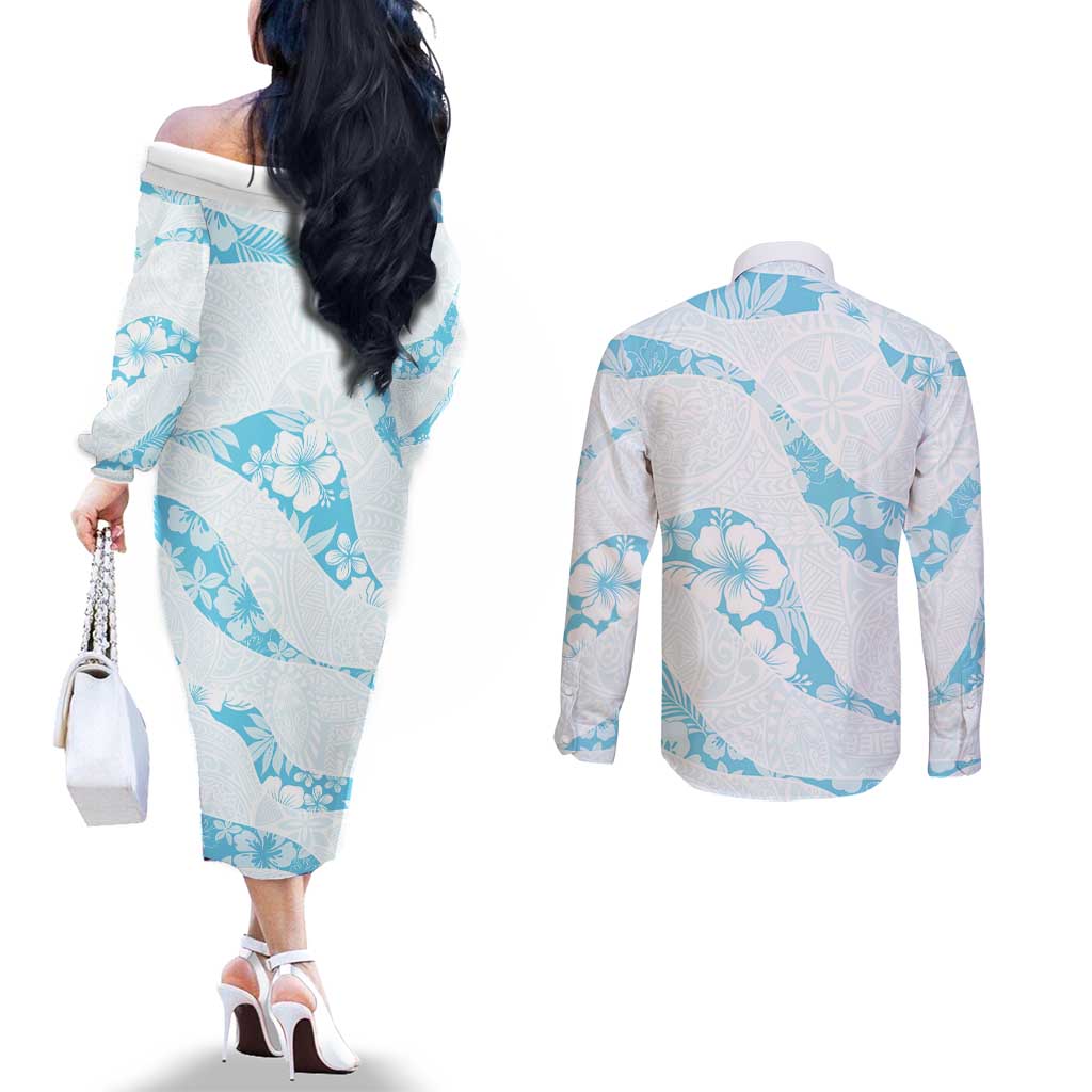 Aloha Hawaii Floral Tapa Couples Matching Off The Shoulder Long Sleeve Dress and Long Sleeve Button Shirt Patchwork Turquoise - Polynesian Pride