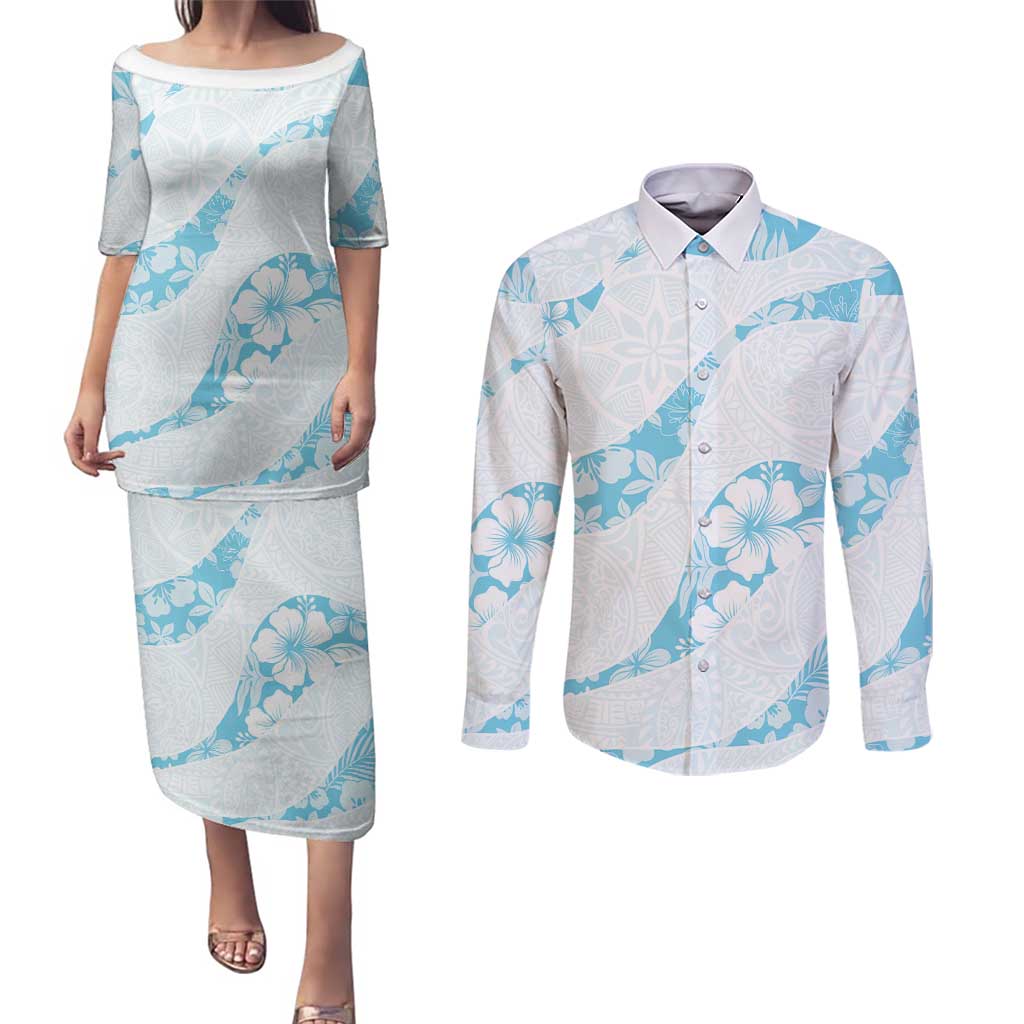 Aloha Hawaii Floral Tapa Couples Matching Puletasi and Long Sleeve Button Shirt Patchwork Turquoise - Polynesian Pride
