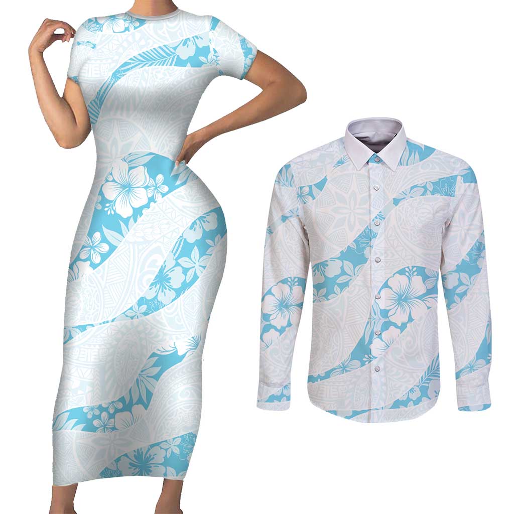 Aloha Hawaii Floral Tapa Couples Matching Short Sleeve Bodycon Dress and Long Sleeve Button Shirt Patchwork Turquoise - Polynesian Pride