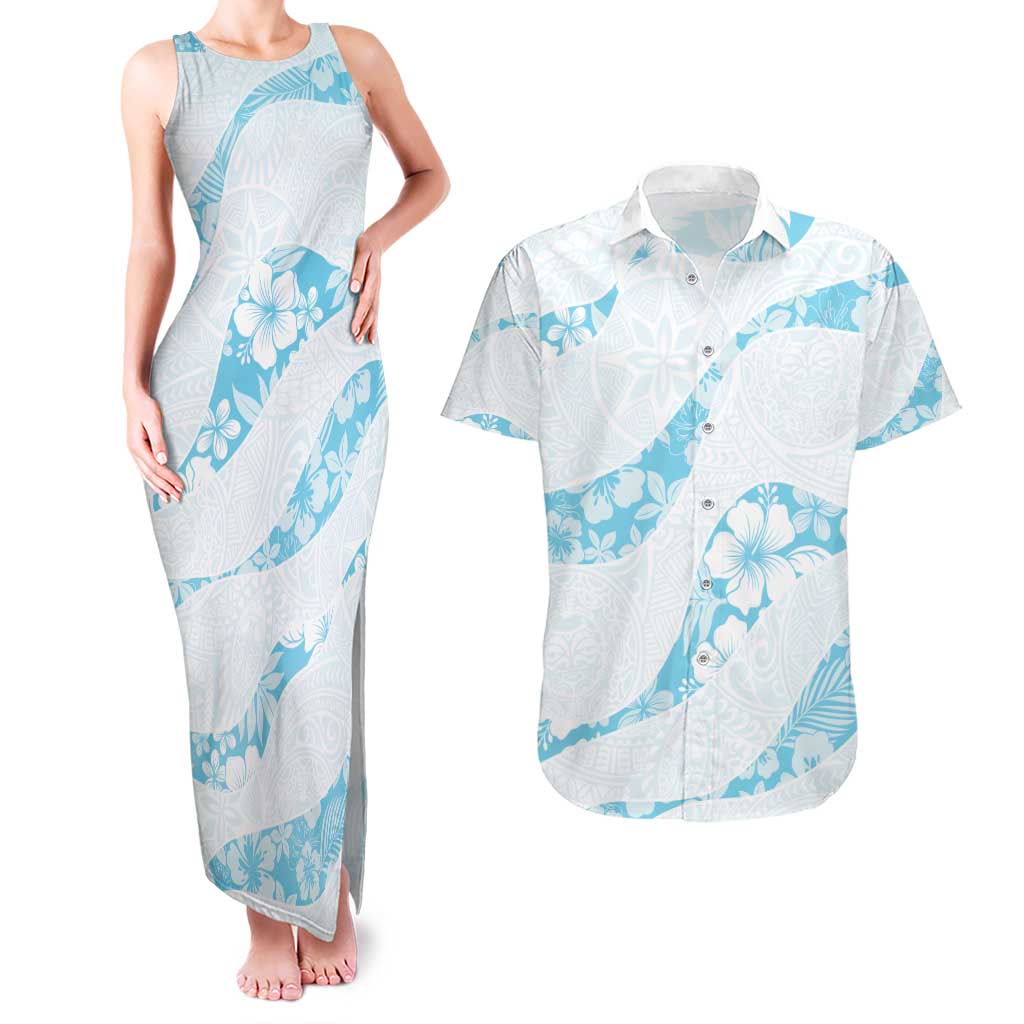 Aloha Hawaii Floral Tapa Couples Matching Tank Maxi Dress and Hawaiian Shirt Patchwork Turquoise - Polynesian Pride