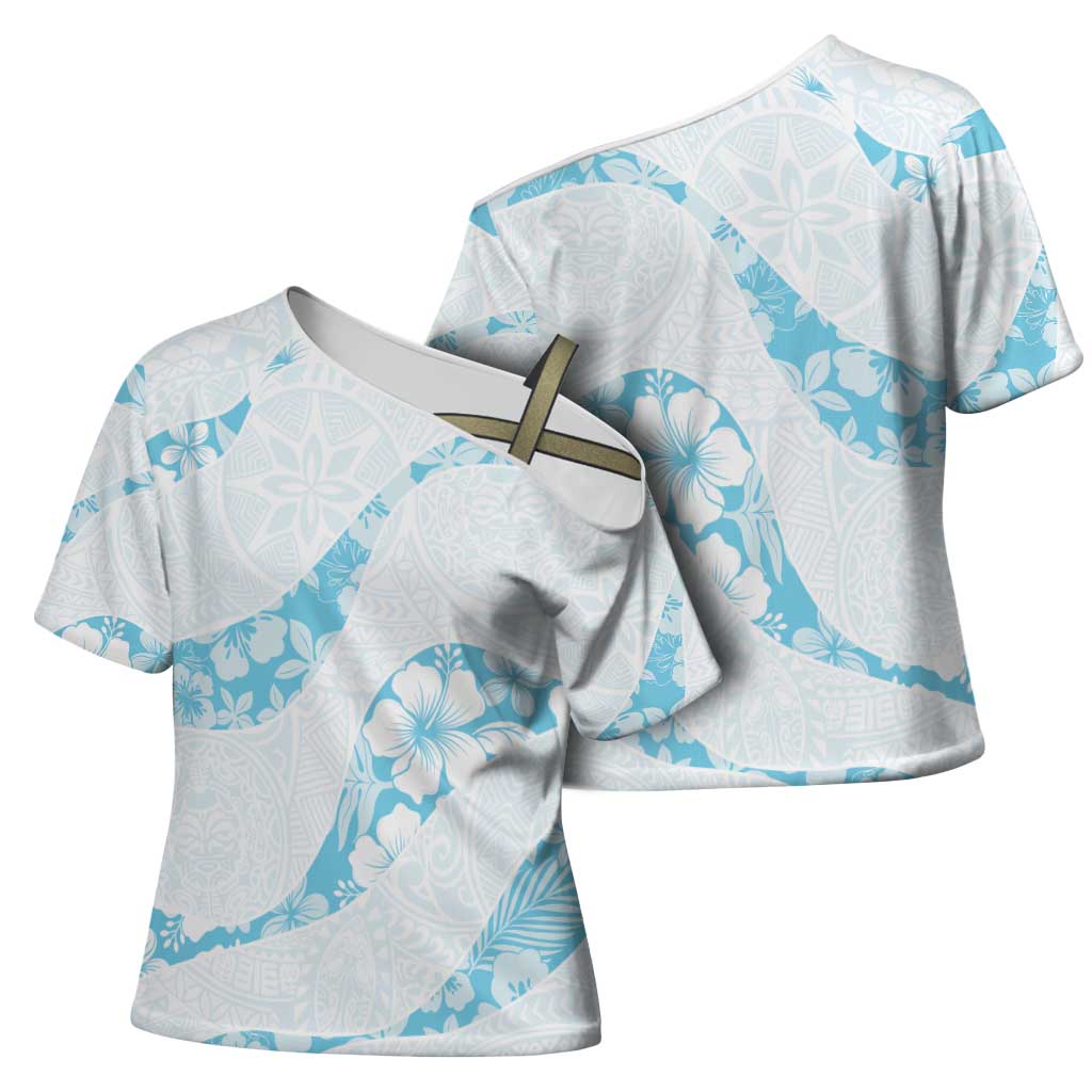 Aloha Hawaii Floral Tapa Cross Shoulder Shirt Patchwork Turquoise - Polynesian Pride
