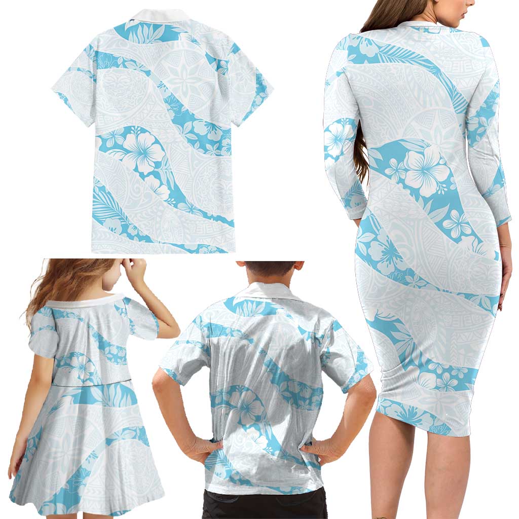Aloha Hawaii Floral Tapa Family Matching Long Sleeve Bodycon Dress and Hawaiian Shirt Patchwork Turquoise - Polynesian Pride