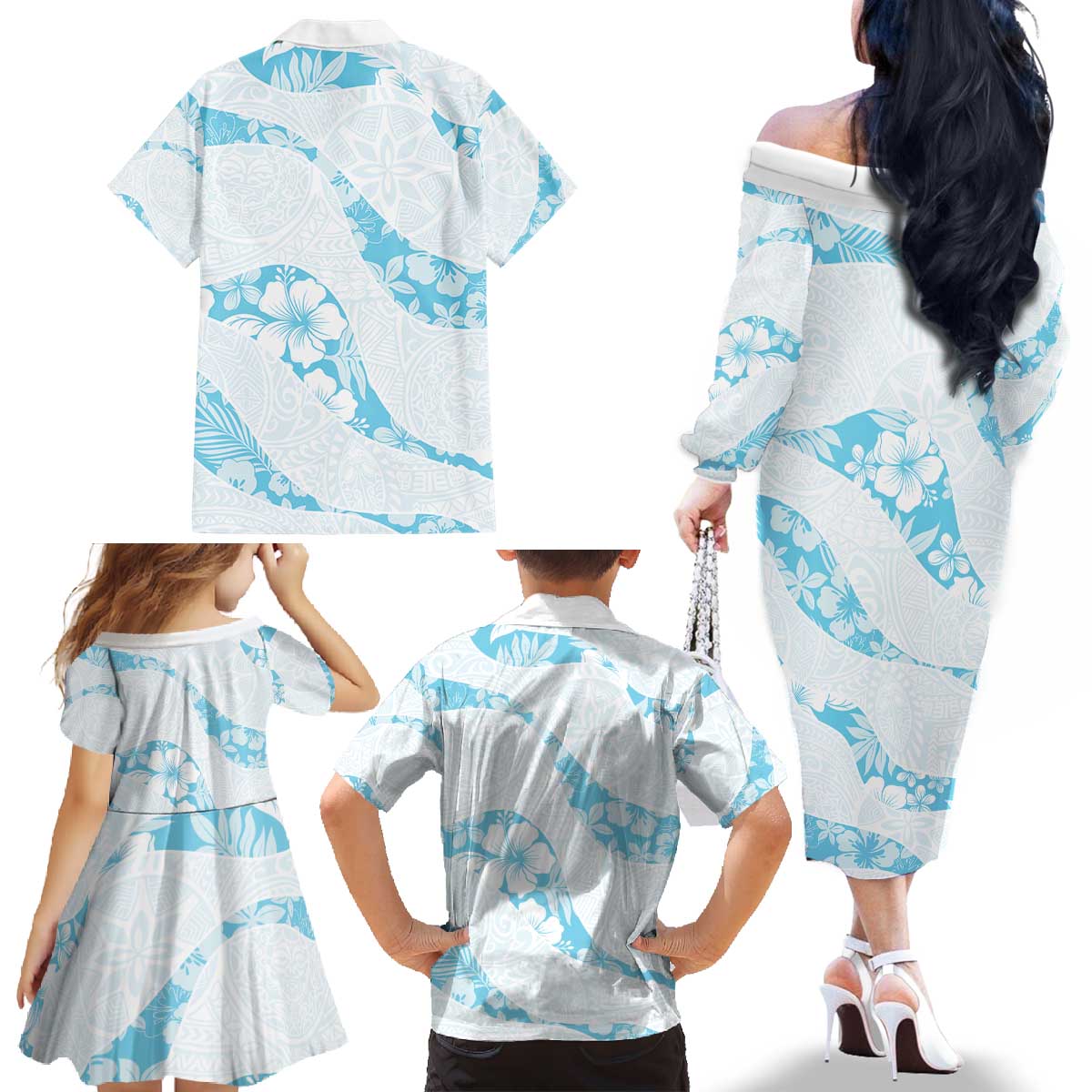 Aloha Hawaii Floral Tapa Family Matching Off The Shoulder Long Sleeve Dress and Hawaiian Shirt Patchwork Turquoise - Polynesian Pride