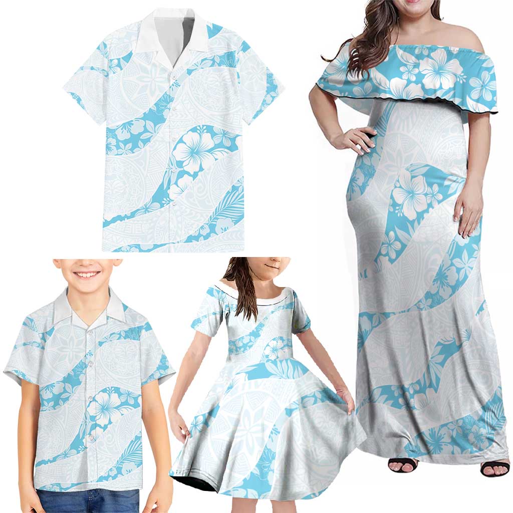 Aloha Hawaii Floral Tapa Family Matching Off Shoulder Maxi Dress and Hawaiian Shirt Patchwork Turquoise - Polynesian Pride
