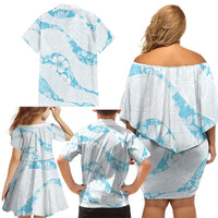 Aloha Hawaii Floral Tapa Family Matching Off Shoulder Short Dress and Hawaiian Shirt Patchwork Turquoise - Polynesian Pride