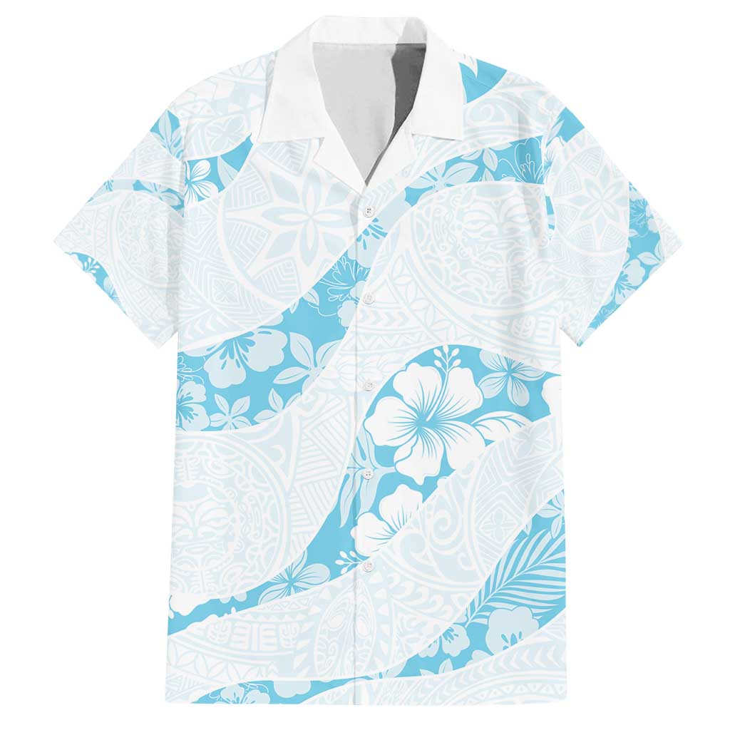 Aloha Hawaii Floral Tapa Family Matching Off Shoulder Short Dress and Hawaiian Shirt Patchwork Turquoise - Polynesian Pride