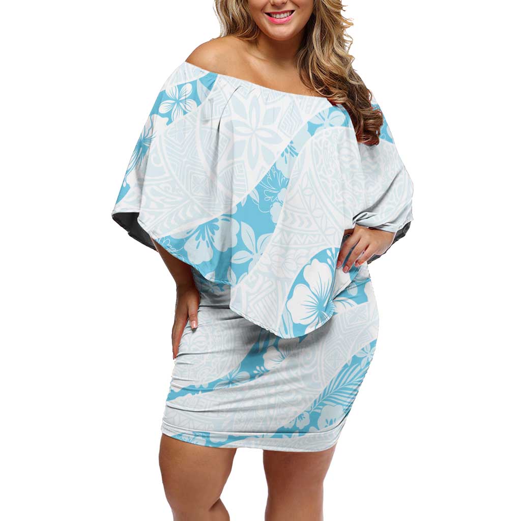 Aloha Hawaii Floral Tapa Family Matching Off Shoulder Short Dress and Hawaiian Shirt Patchwork Turquoise - Polynesian Pride