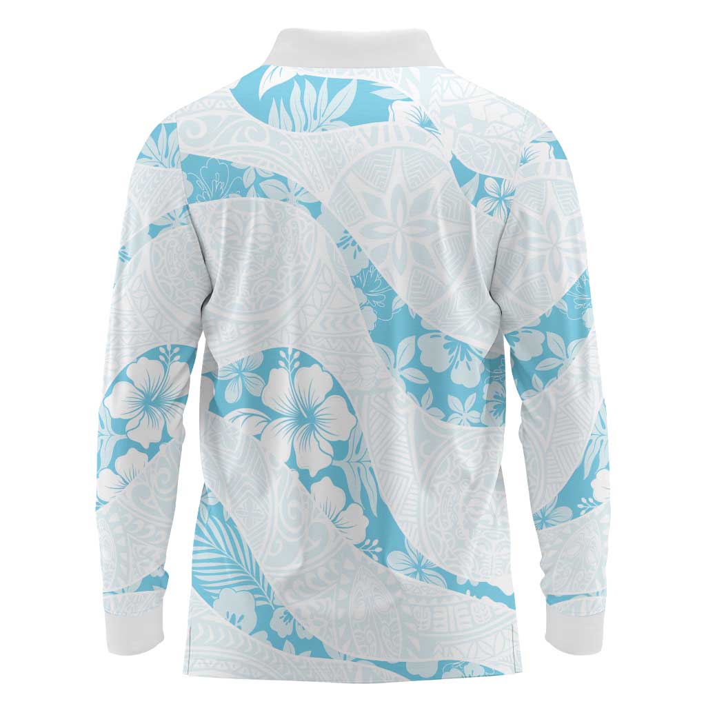 Aloha Hawaii Floral Tapa Long Sleeve Polo Shirt Patchwork Turquoise - Polynesian Pride