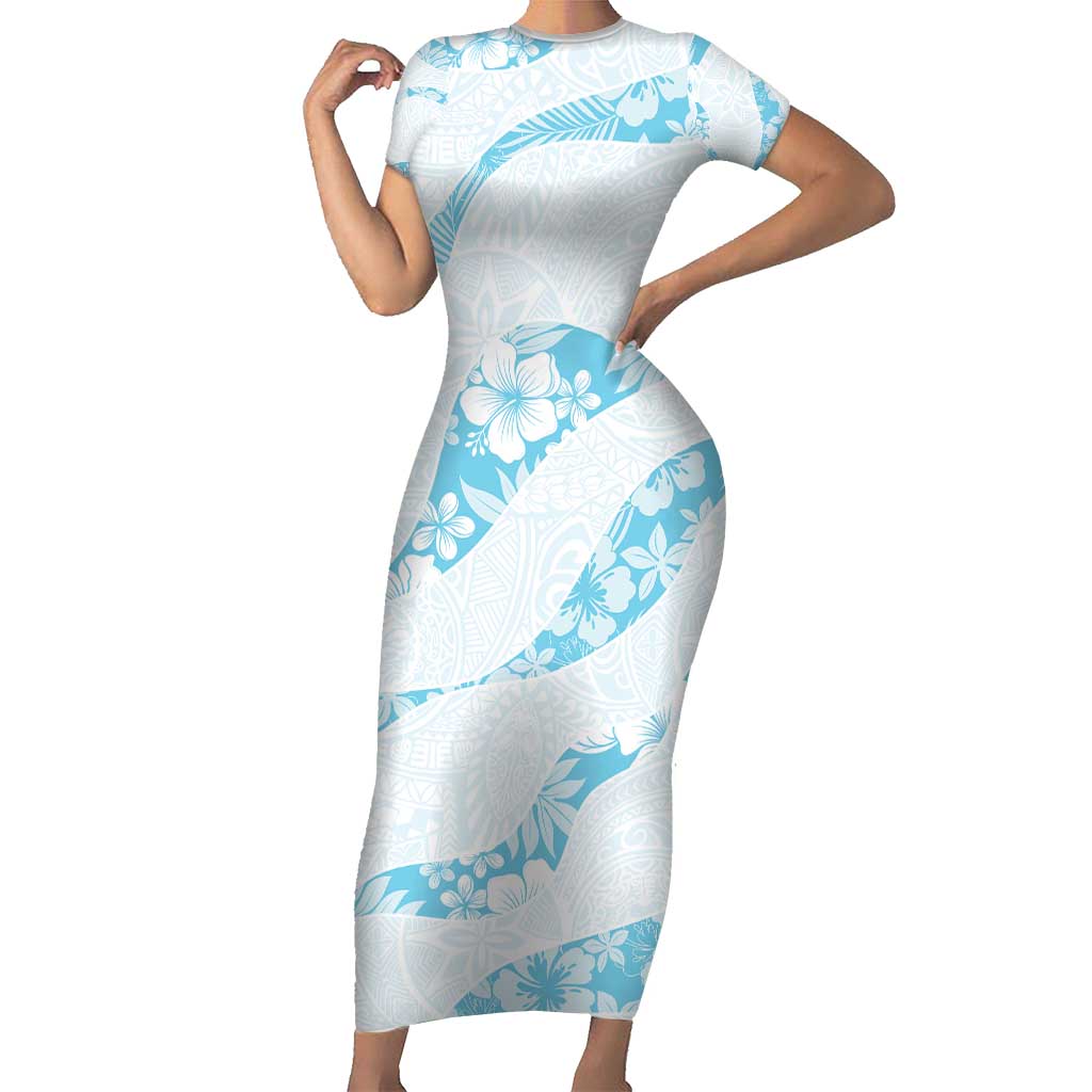 Aloha Hawaii Floral Tapa Short Sleeve Bodycon Dress Patchwork Turquoise - Polynesian Pride