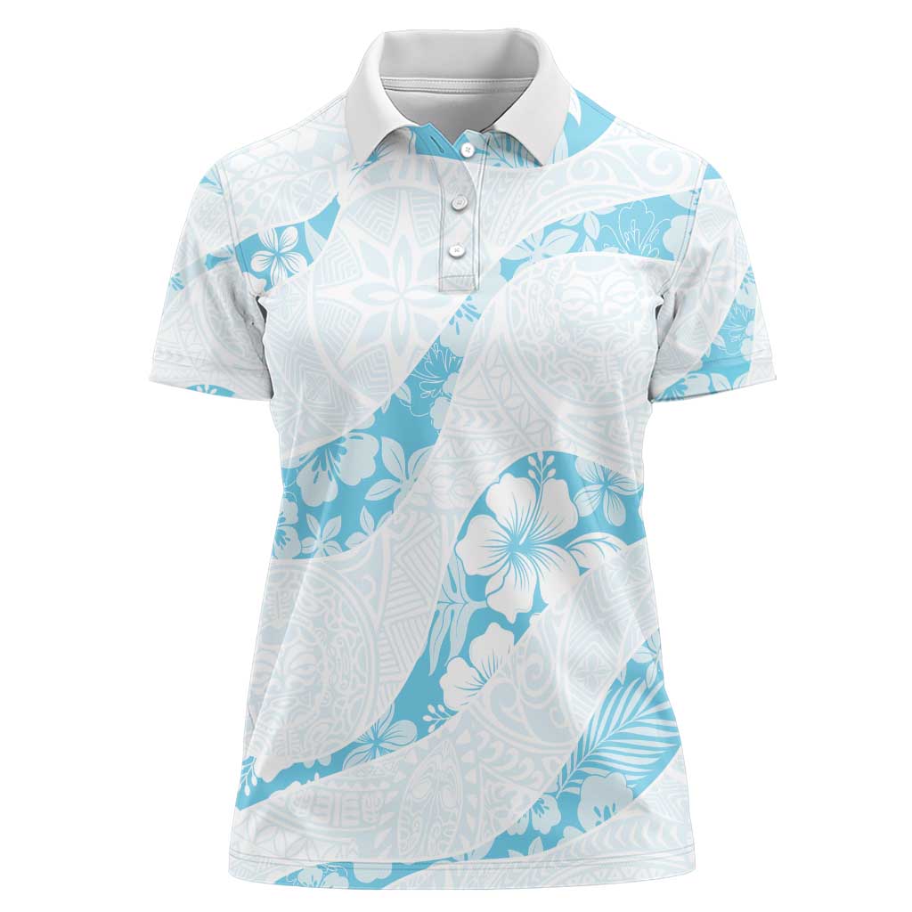 Aloha Hawaii Floral Tapa Women Polo Shirt Patchwork Turquoise - Polynesian Pride