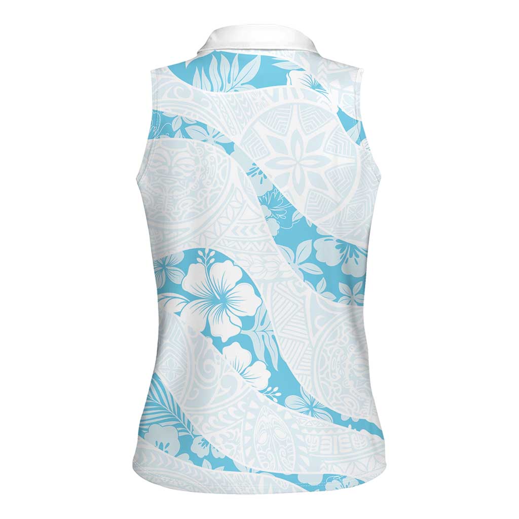 Aloha Hawaii Floral Tapa Women Sleeveless Polo Shirt Patchwork Turquoise - Polynesian Pride