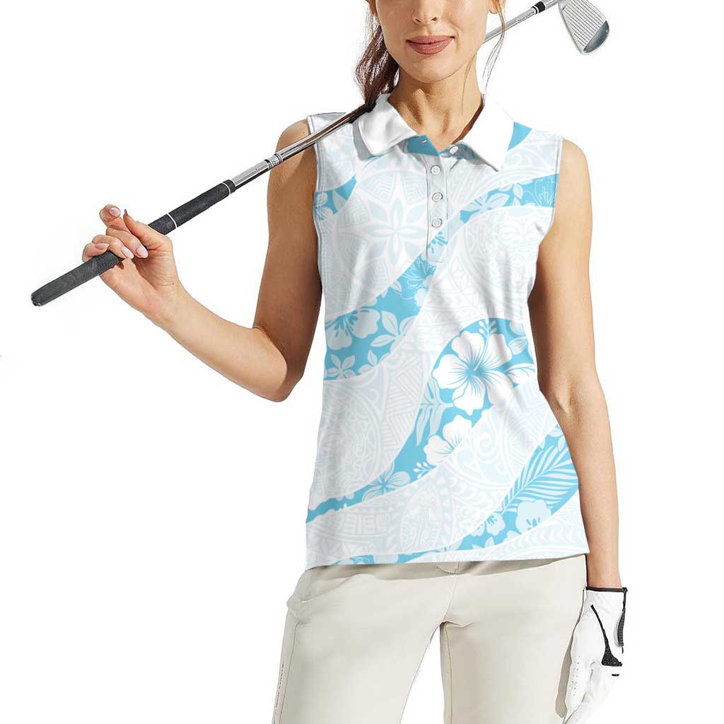 Aloha Hawaii Floral Tapa Women Sleeveless Polo Shirt Patchwork Turquoise - Polynesian Pride