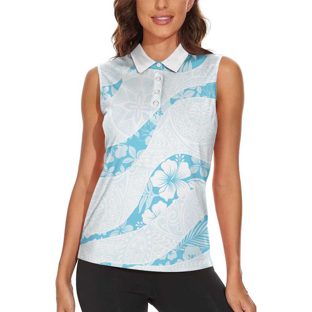 Aloha Hawaii Floral Tapa Women Sleeveless Polo Shirt Patchwork Turquoise - Polynesian Pride