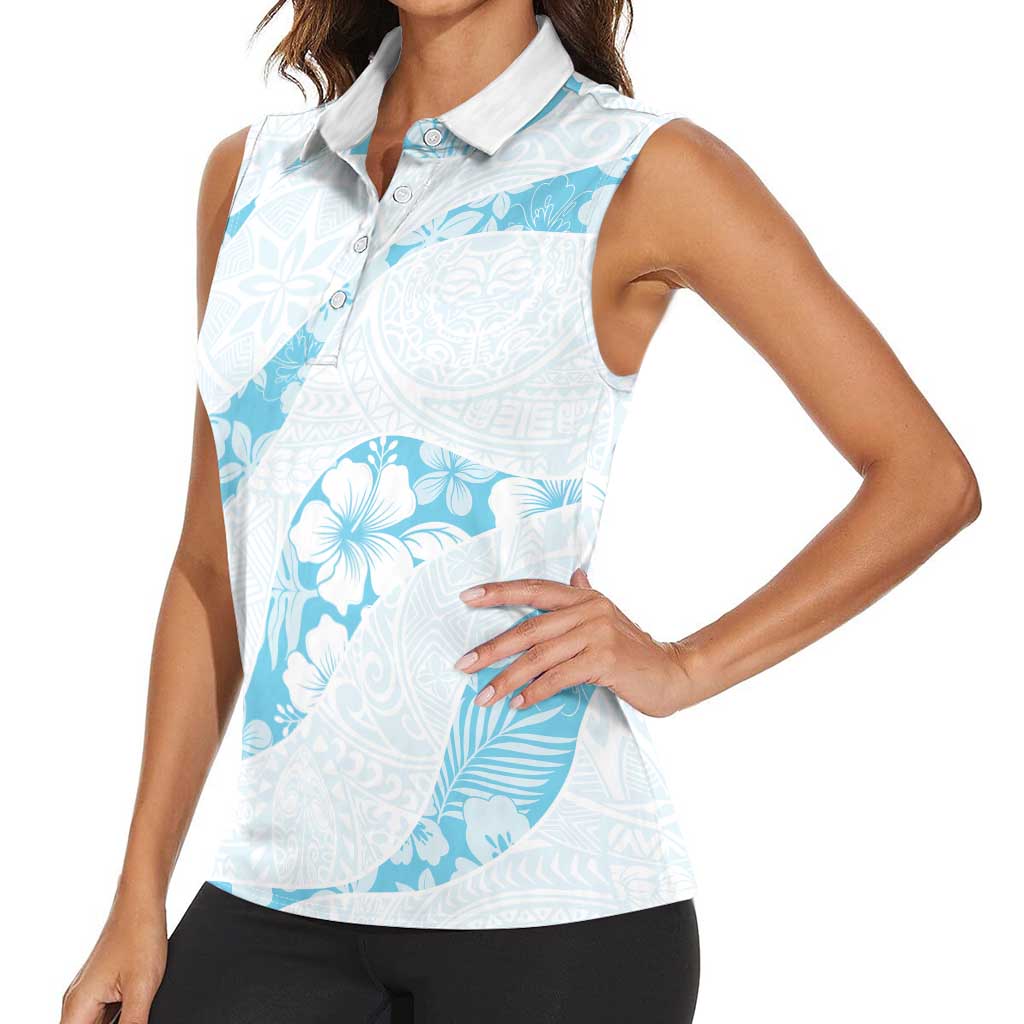 Aloha Hawaii Floral Tapa Women Sleeveless Polo Shirt Patchwork Turquoise - Polynesian Pride