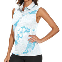 Aloha Hawaii Floral Tapa Women Sleeveless Polo Shirt Patchwork Turquoise - Polynesian Pride