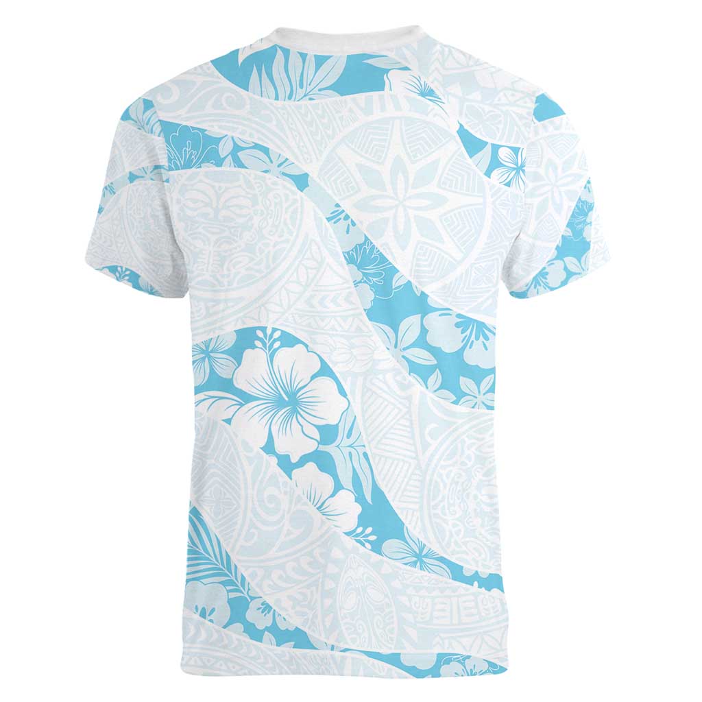 Aloha Hawaii Floral Tapa Women V-Neck T-Shirt Patchwork Turquoise - Polynesian Pride