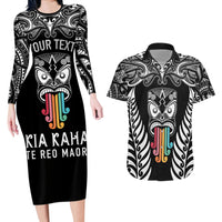 Personalised Kia Kaha Te Reo Maori Couples Matching Long Sleeve Bodycon Dress and Hawaiian Shirt Hei Tiki Mix Koru - Black LT7 Black - Polynesian Pride