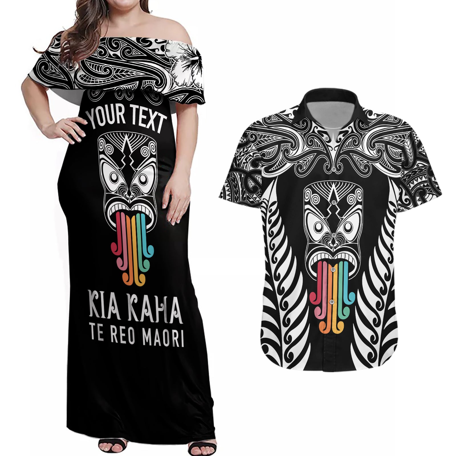 personalised-kia-kaha-te-reo-maori-couples-matching-off-shoulder-maxi-dress-and-hawaiian-shirt-hei-tiki-mix-koru-black