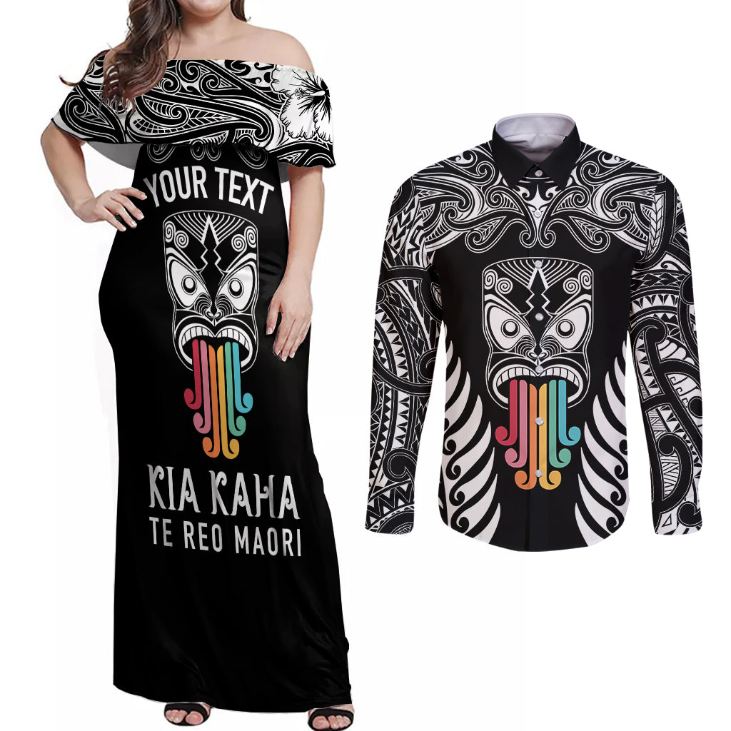 Personalised Kia Kaha Te Reo Maori Couples Matching Off Shoulder Maxi Dress and Long Sleeve Button Shirts Hei Tiki Mix Koru - Black LT7 Black - Polynesian Pride