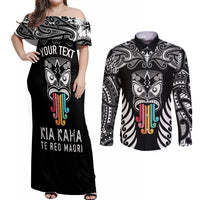 Personalised Kia Kaha Te Reo Maori Couples Matching Off Shoulder Maxi Dress and Long Sleeve Button Shirts Hei Tiki Mix Koru - Black LT7 Black - Polynesian Pride