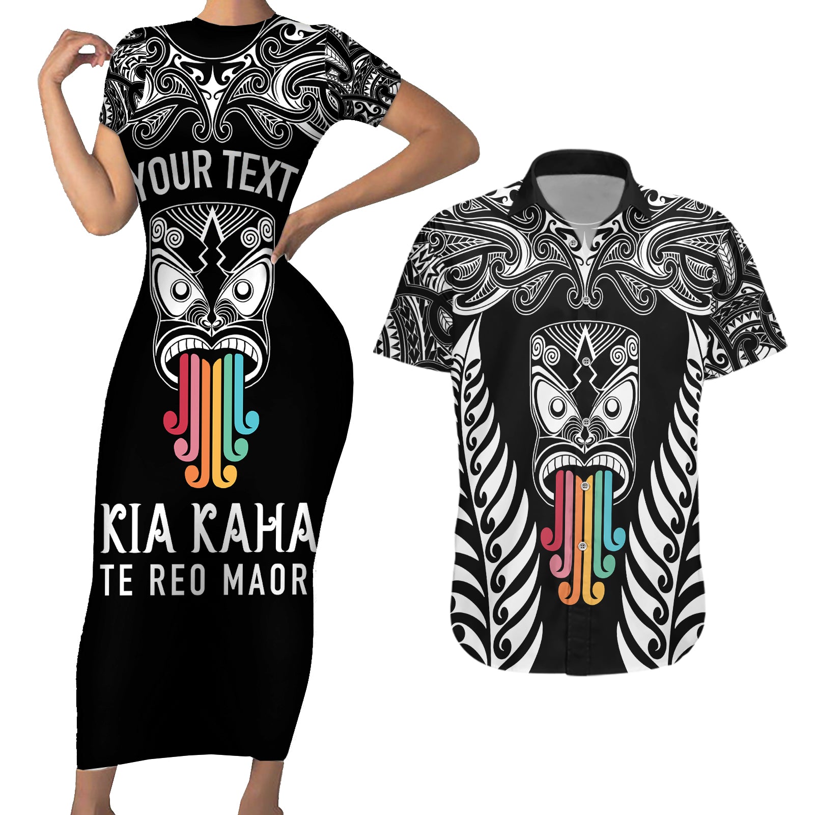 personalised-kia-kaha-te-reo-maori-couples-matching-short-sleeve-bodycon-dress-and-hawaiian-shirt-hei-tiki-mix-koru-black