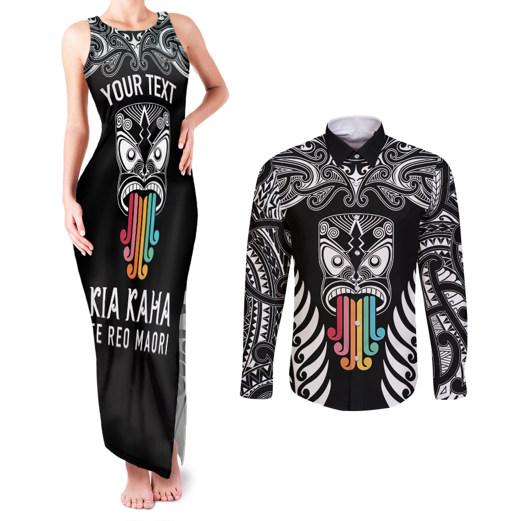 Personalised Kia Kaha Te Reo Maori Couples Matching Tank Maxi Dress and Long Sleeve Button Shirts Hei Tiki Mix Koru - Black LT7 Black - Polynesian Pride