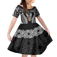 Personalised Kia Kaha Te Reo Maori Family Matching Off Shoulder Maxi Dress and Hawaiian Shirt Hei Tiki Mix Koru - Black LT7 Daughter's Dress Black - Polynesian Pride