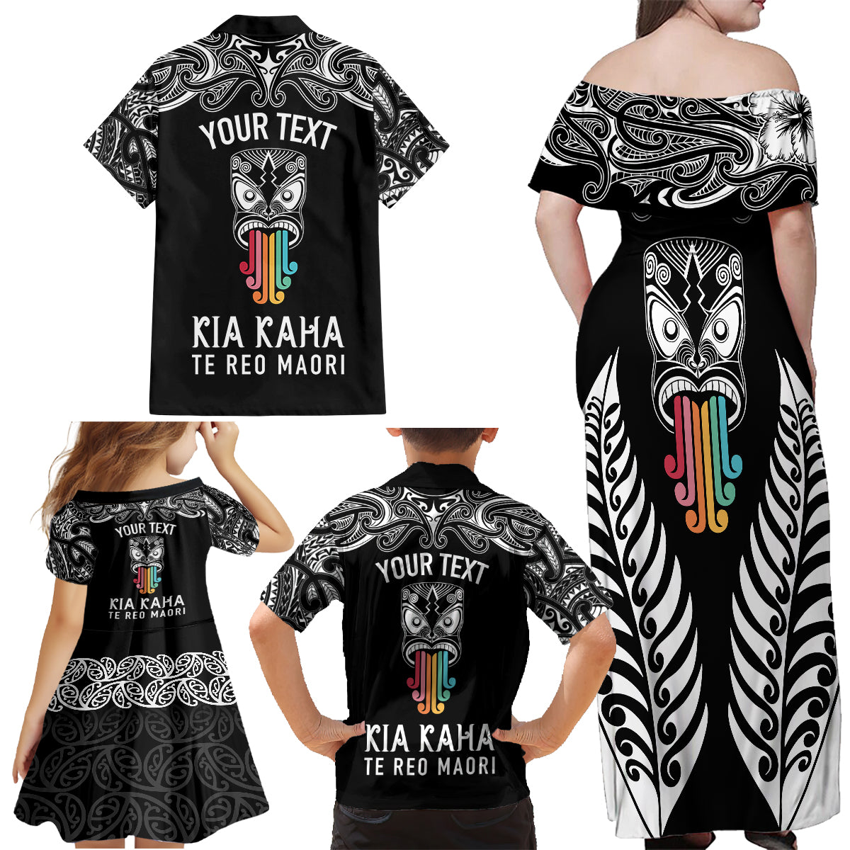 Personalised Kia Kaha Te Reo Maori Family Matching Off Shoulder Maxi Dress and Hawaiian Shirt Hei Tiki Mix Koru - Black LT7 - Polynesian Pride
