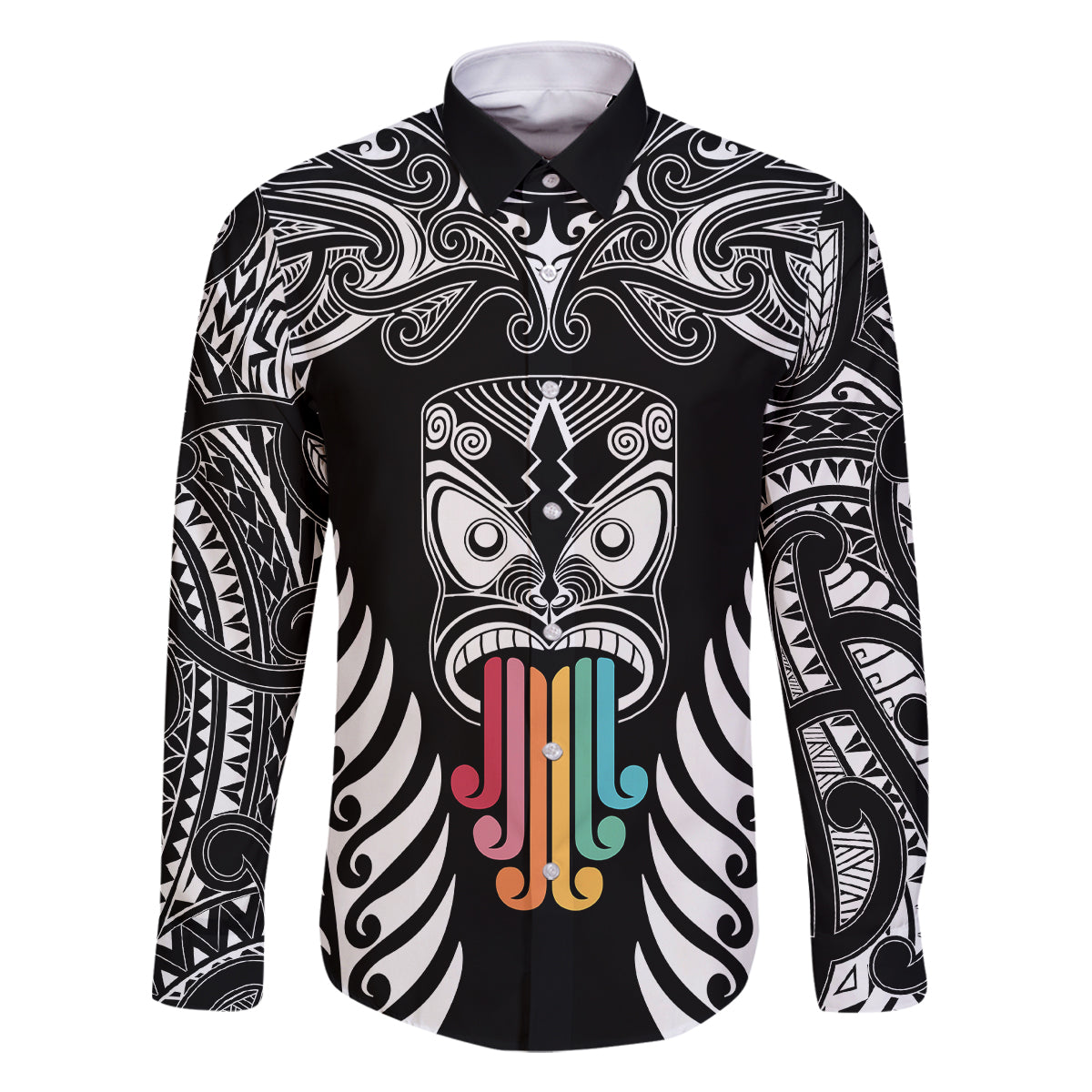 Personalised Kia Kaha Te Reo Maori Family Matching Off Shoulder Maxi Dress and Hawaiian Shirt Hei Tiki Mix Koru - Black LT7 Dad's Shirt - Short Sleeve Black - Polynesian Pride
