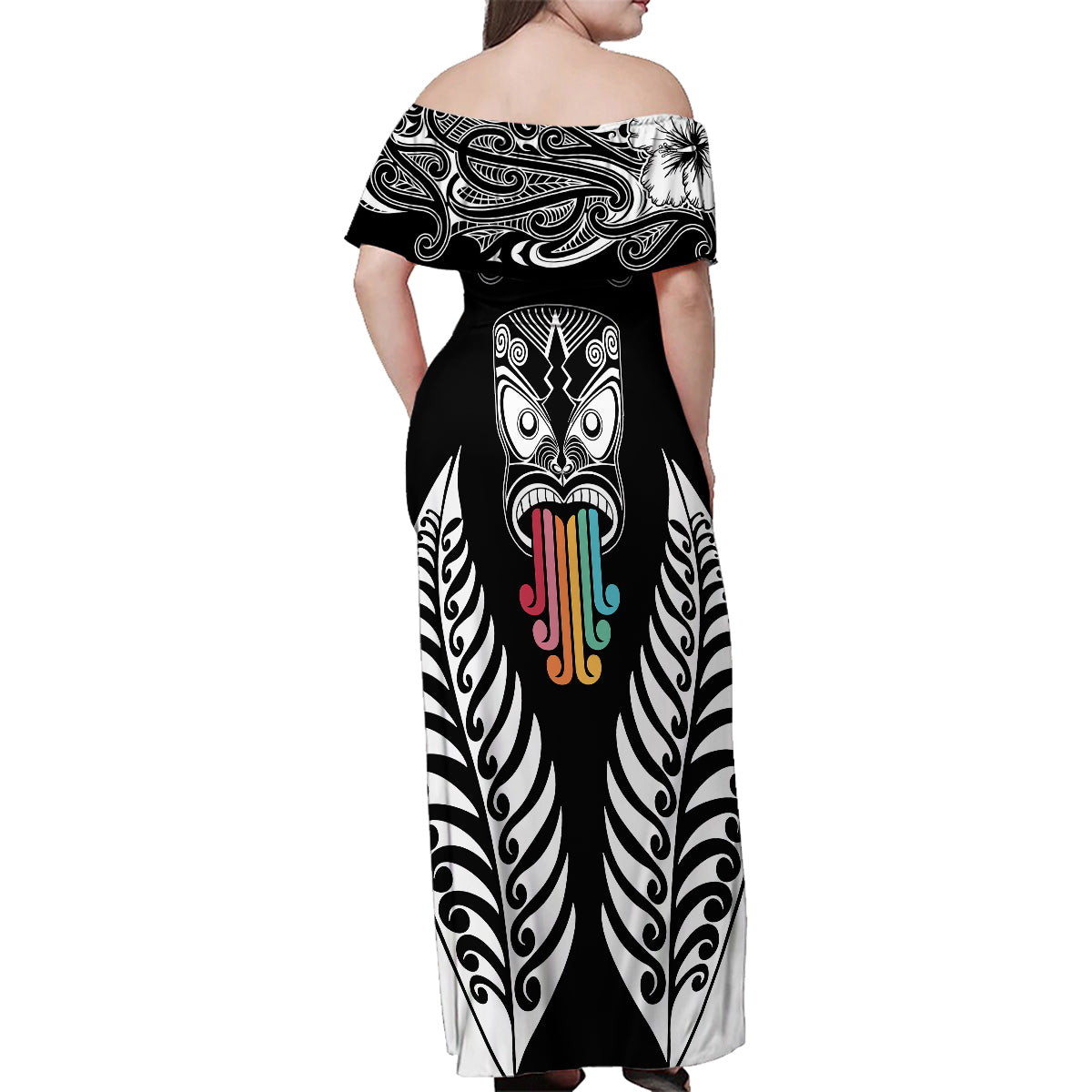 Personalised Kia Kaha Te Reo Maori Family Matching Off Shoulder Maxi Dress and Hawaiian Shirt Hei Tiki Mix Koru - Black LT7 - Polynesian Pride