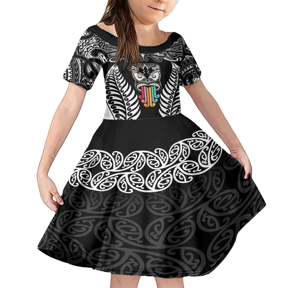 Personalised Kia Kaha Te Reo Maori Family Matching Summer Maxi Dress and Hawaiian Shirt Hei Tiki Mix Koru - Black LT7 Daughter's Dress Black - Polynesian Pride