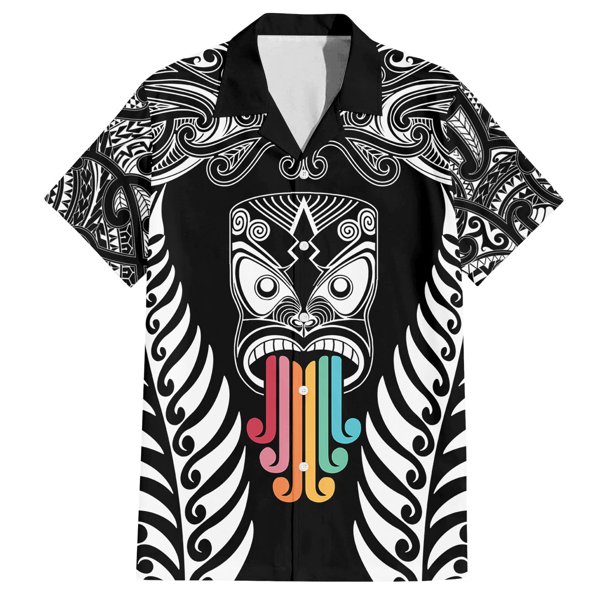 Personalised Kia Kaha Te Reo Maori Family Matching Summer Maxi Dress and Hawaiian Shirt Hei Tiki Mix Koru - Black LT7 Dad's Shirt - Short Sleeve Black - Polynesian Pride