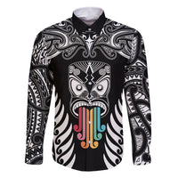 Personalised Kia Kaha Te Reo Maori Family Matching Summer Maxi Dress and Hawaiian Shirt Hei Tiki Mix Koru - Black LT7 Dad's Shirt - Long Sleeve Black - Polynesian Pride