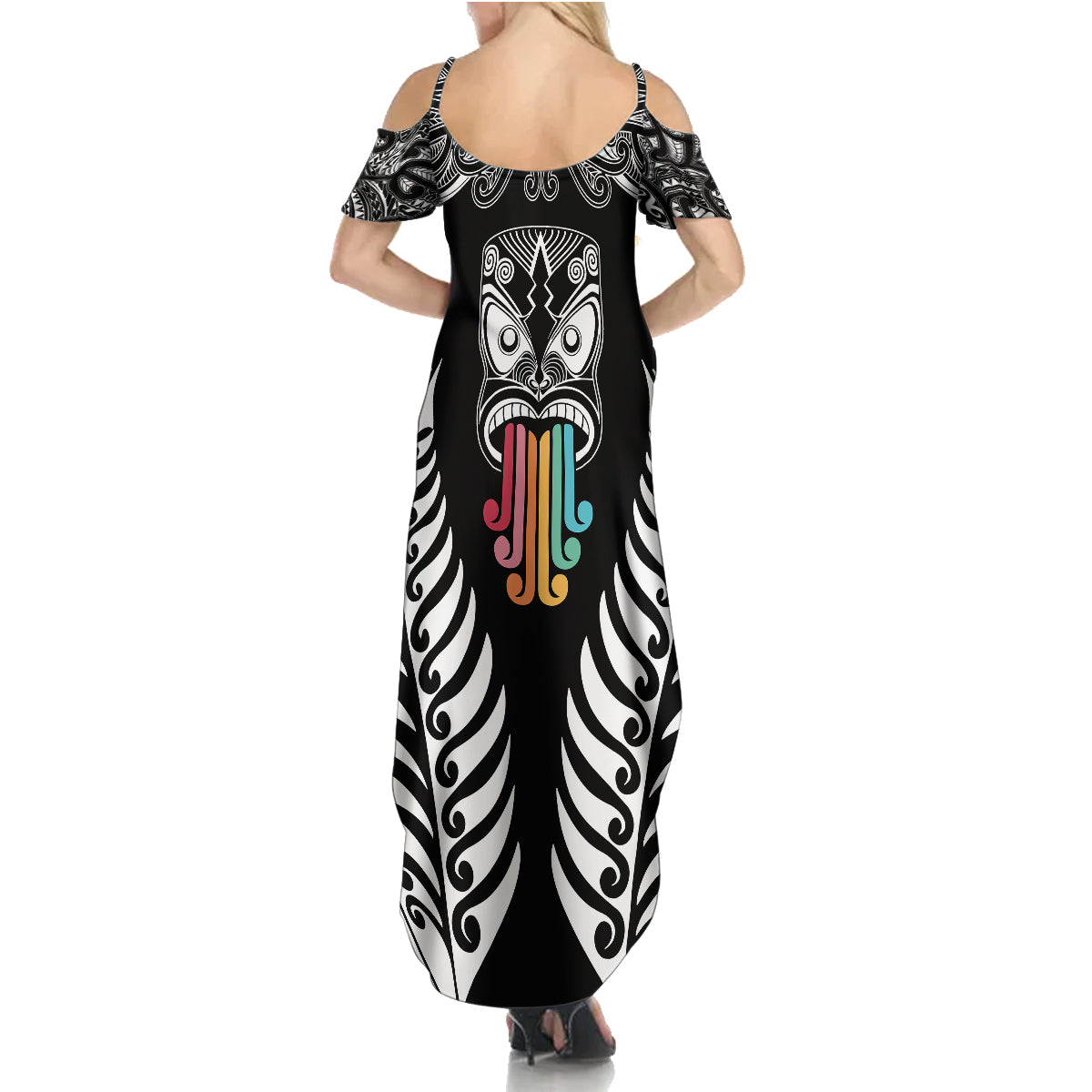 Personalised Kia Kaha Te Reo Maori Family Matching Summer Maxi Dress and Hawaiian Shirt Hei Tiki Mix Koru - Black LT7 - Polynesian Pride