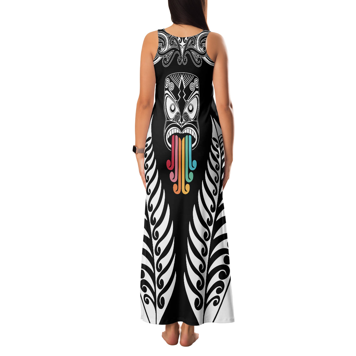 Personalised Kia Kaha Te Reo Maori Family Matching Tank Maxi Dress and Hawaiian Shirt Hei Tiki Mix Koru - Black LT7 - Polynesian Pride