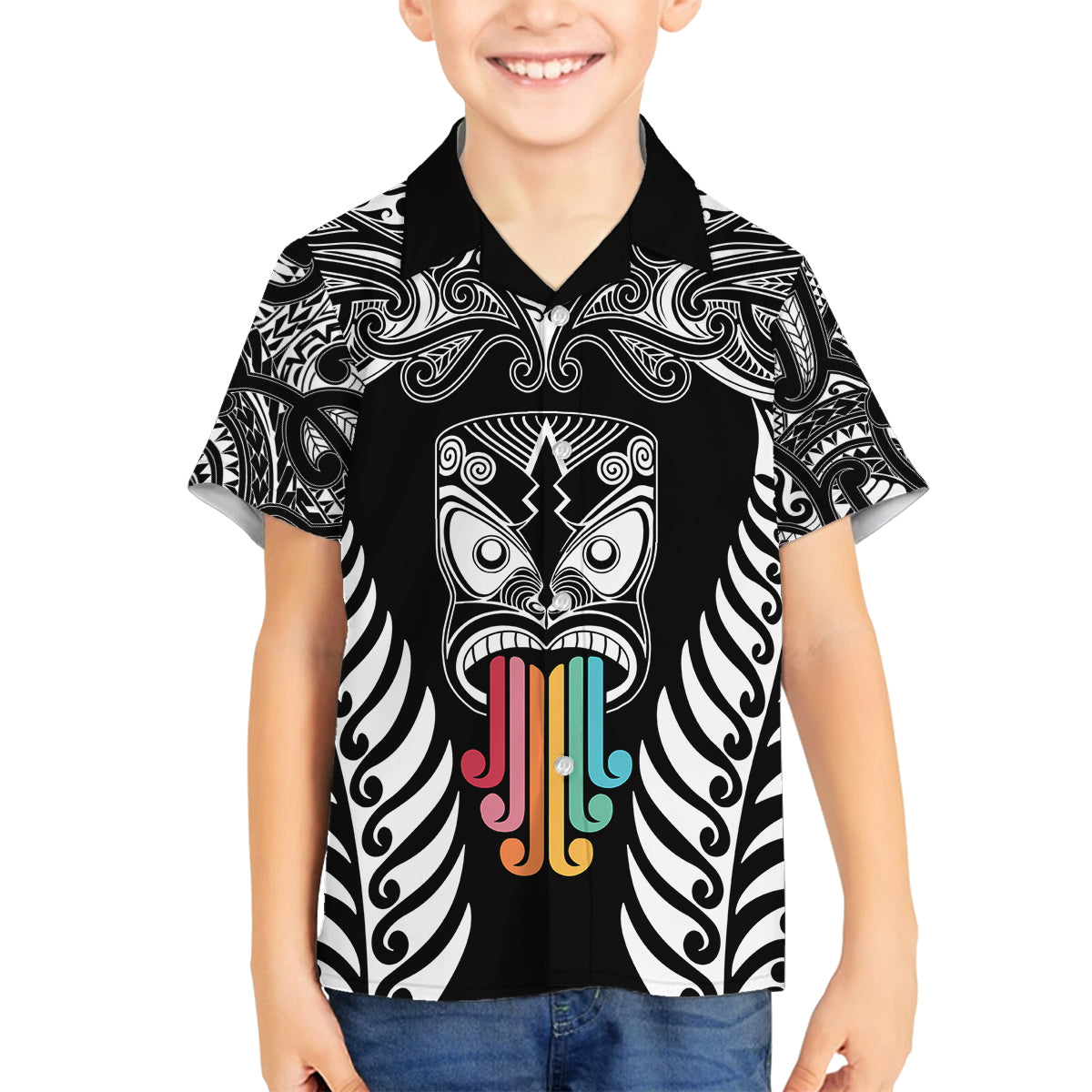 Personalised Kia Kaha Te Reo Maori Kid Hawaiian Shirt Hei Tiki Mix Koru - Black LT7 - Polynesian Pride