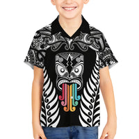 Personalised Kia Kaha Te Reo Maori Kid Hawaiian Shirt Hei Tiki Mix Koru - Black LT7 - Polynesian Pride