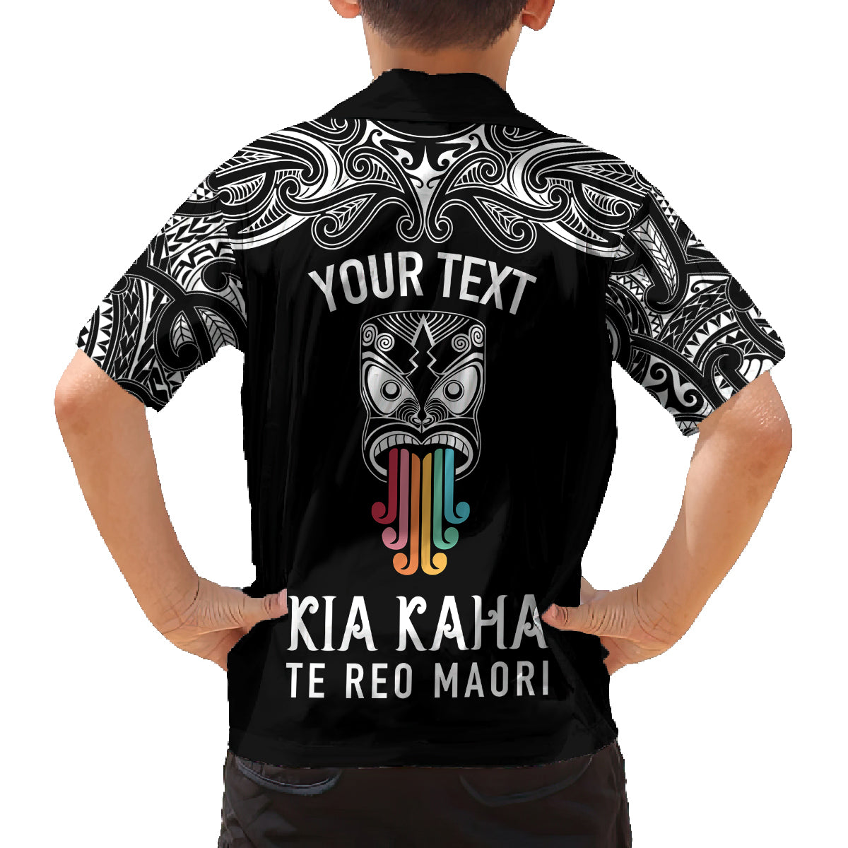 Personalised Kia Kaha Te Reo Maori Kid Hawaiian Shirt Hei Tiki Mix Koru - Black LT7 - Polynesian Pride