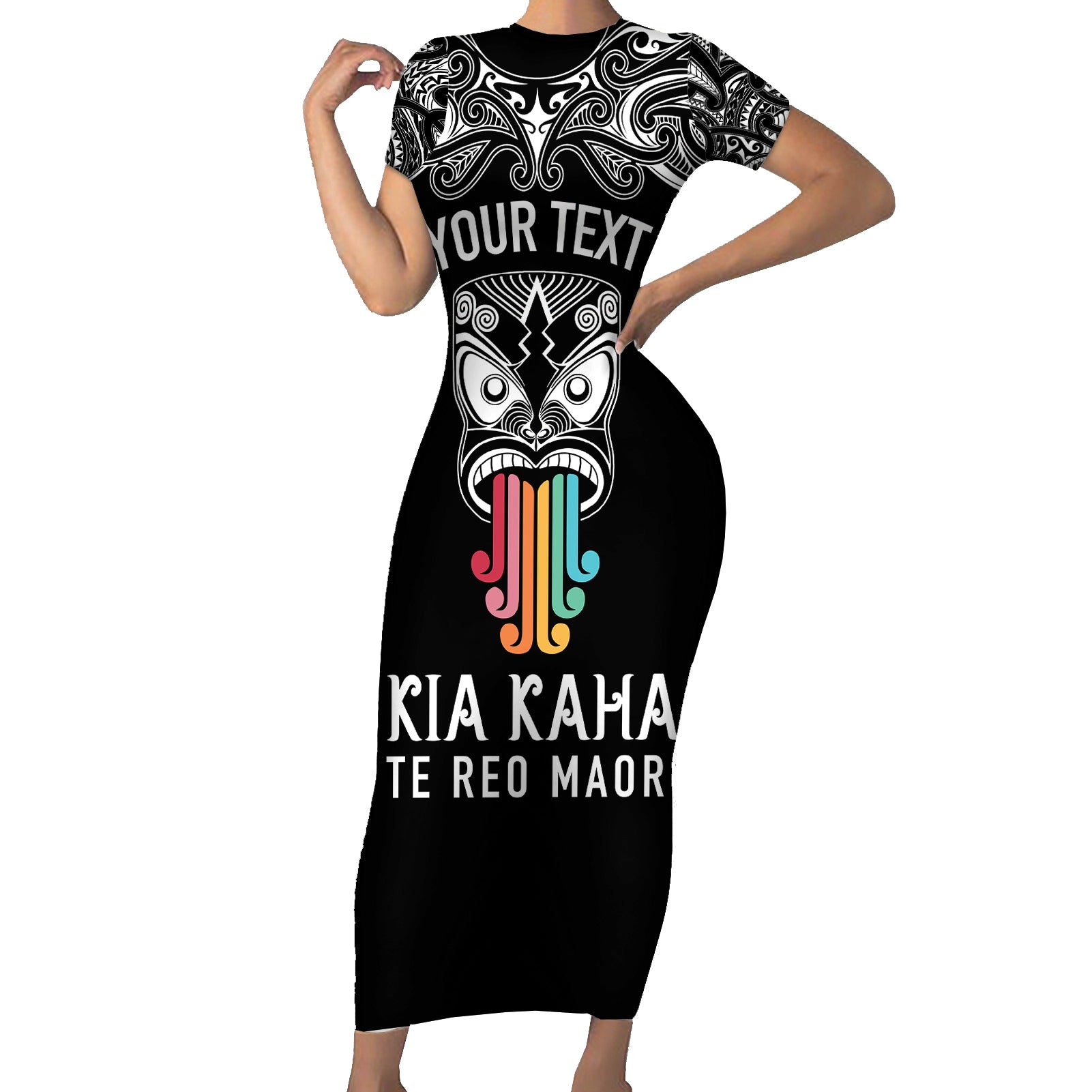 personalised-kia-kaha-te-reo-maori-short-sleeve-bodycon-dress-hei-tiki-mix-koru-black