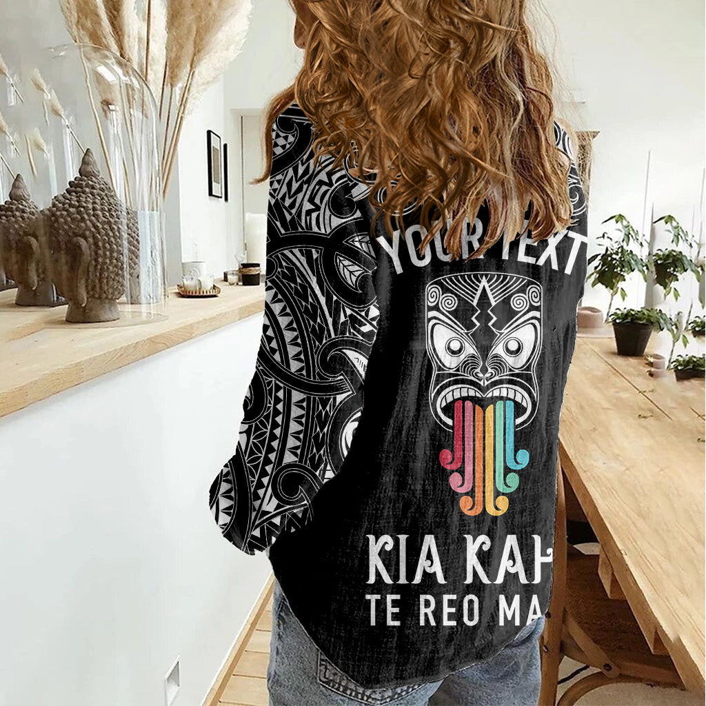 Personalised Kia Kaha Te Reo Maori Women Casual Shirt Hei Tiki Mix Koru - Black LT7 - Polynesian Pride