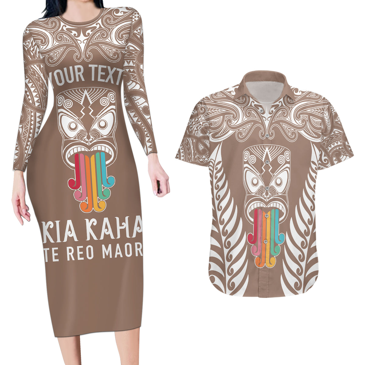 Personalised Kia Kaha Te Reo Maori Couples Matching Long Sleeve Bodycon Dress and Hawaiian Shirt Hei Tiki Mix Koru - Brown LT7 Brown - Polynesian Pride