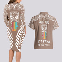 Personalised Kia Kaha Te Reo Maori Couples Matching Long Sleeve Bodycon Dress and Hawaiian Shirt Hei Tiki Mix Koru - Brown LT7 - Polynesian Pride