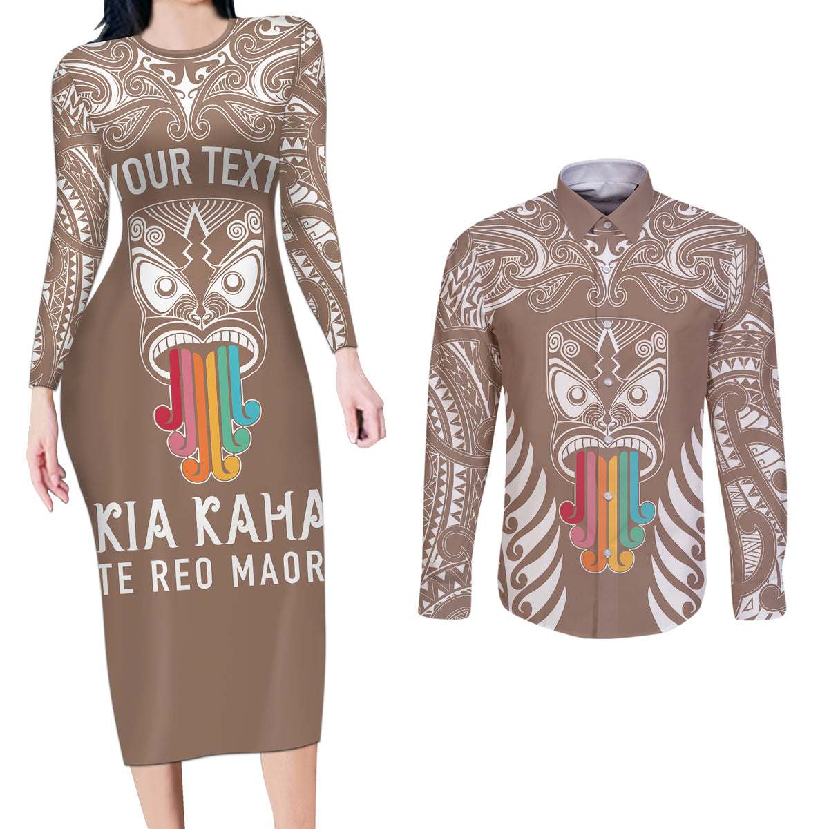 personalised-kia-kaha-te-reo-maori-couples-matching-long-sleeve-bodycon-dress-and-long-sleeve-button-shirts-hei-tiki-mix-koru-brown