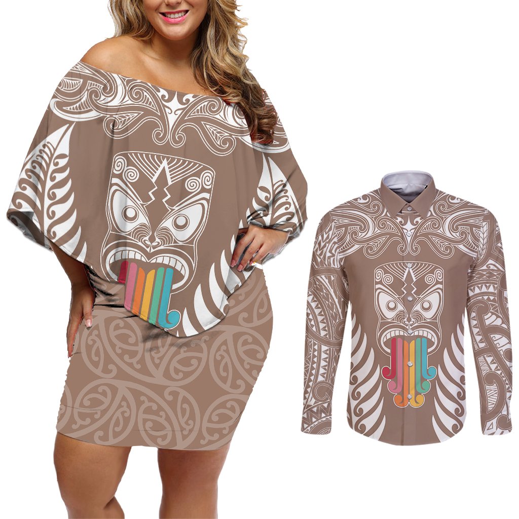 Personalised Kia Kaha Te Reo Maori Couples Matching Off Shoulder Short Dress and Long Sleeve Button Shirts Hei Tiki Mix Koru - Brown LT7 Brown - Polynesian Pride