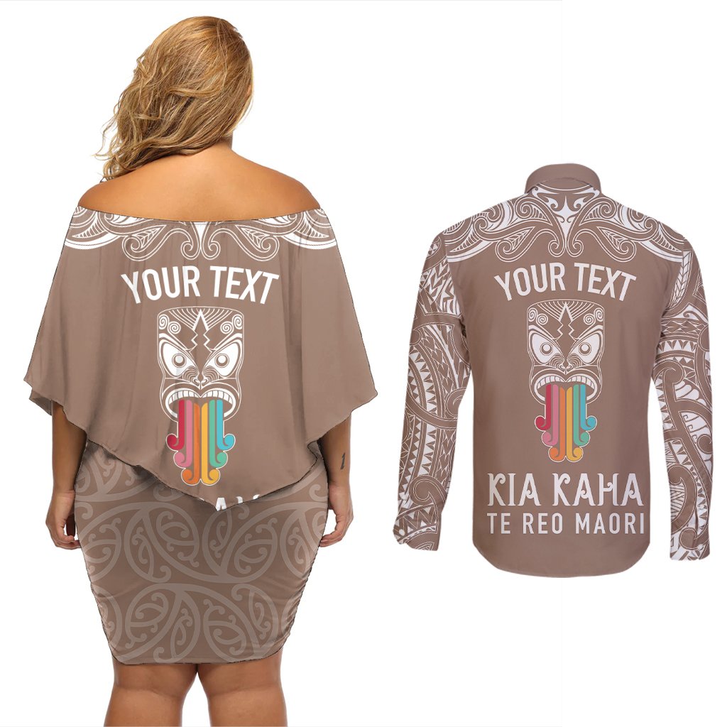Personalised Kia Kaha Te Reo Maori Couples Matching Off Shoulder Short Dress and Long Sleeve Button Shirts Hei Tiki Mix Koru - Brown LT7 - Polynesian Pride