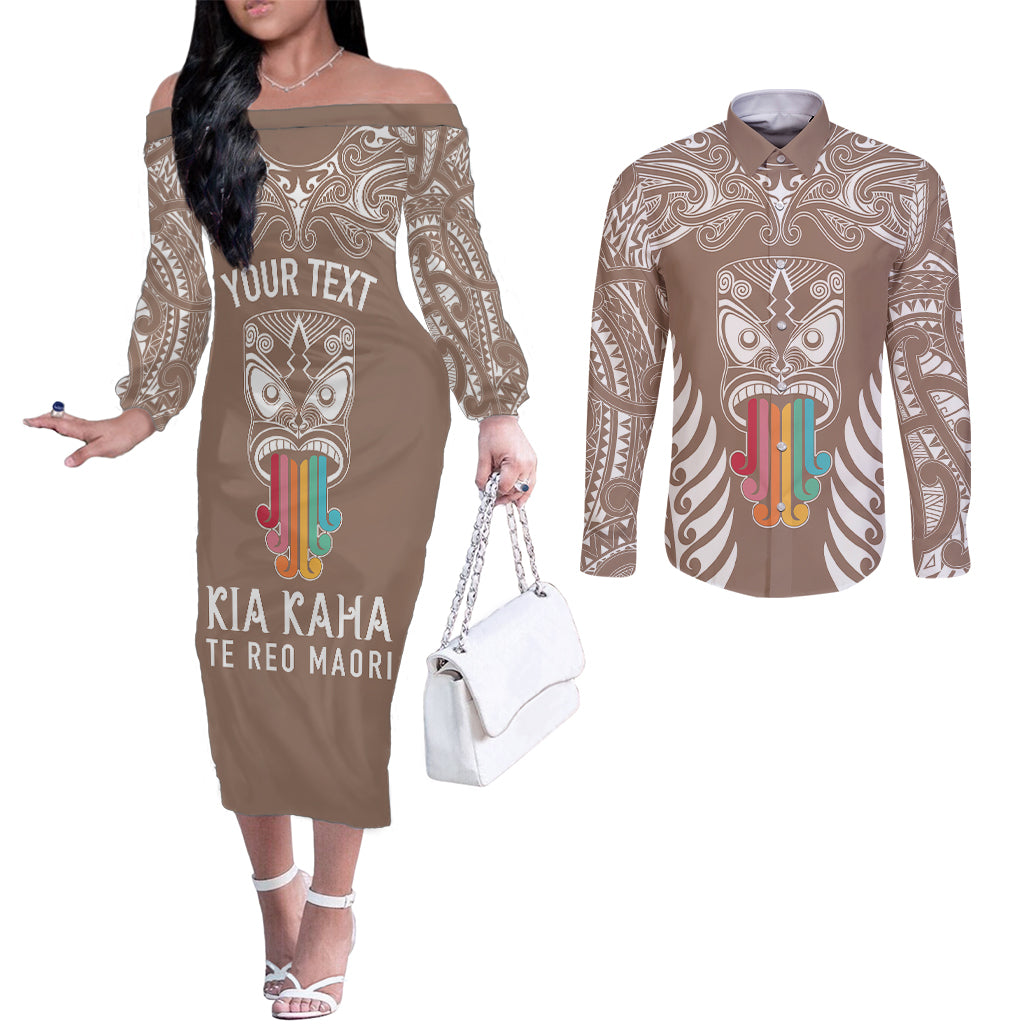 personalised-kia-kaha-te-reo-maori-couples-matching-off-the-shoulder-long-sleeve-dress-and-long-sleeve-button-shirts-hei-tiki-mix-koru-brown