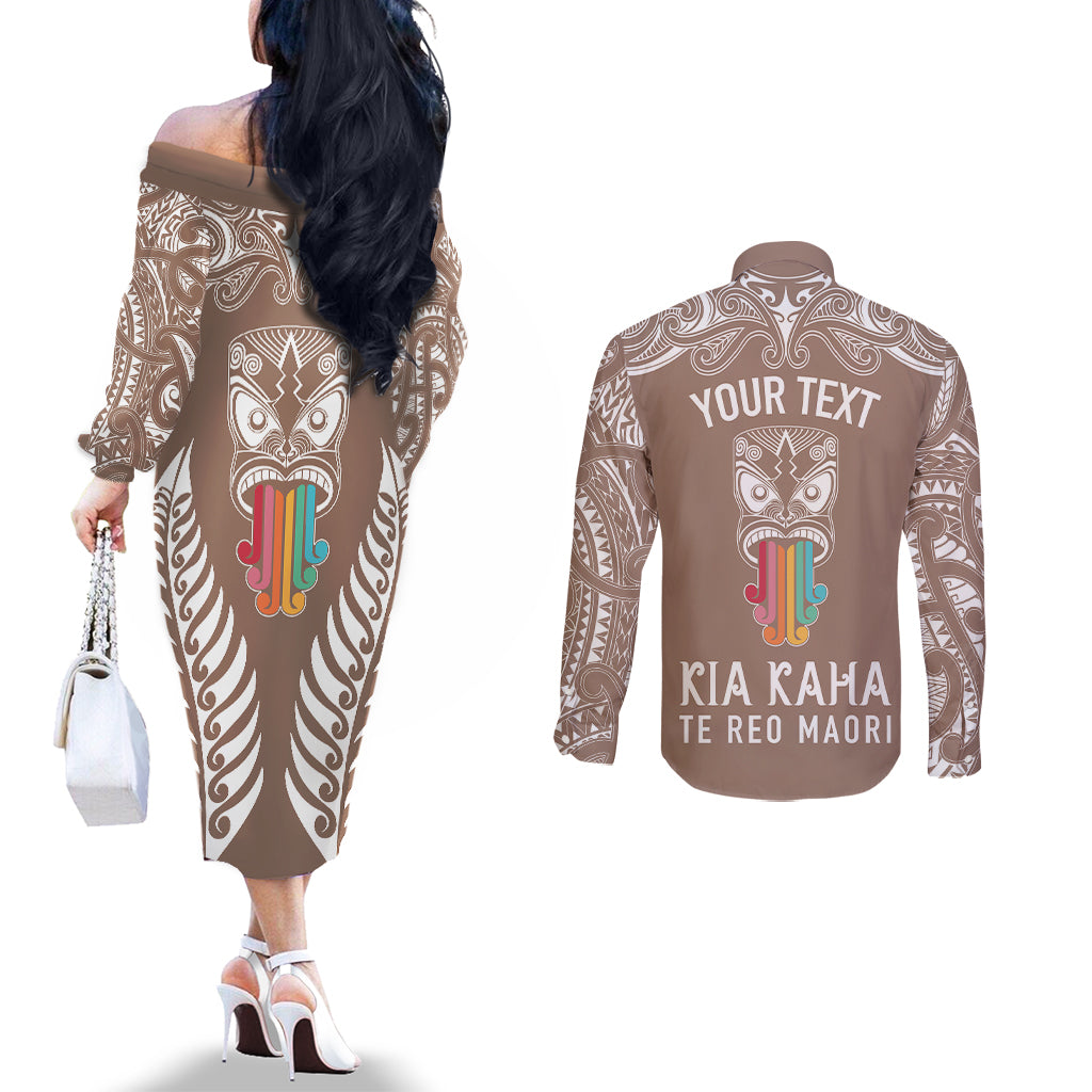 personalised-kia-kaha-te-reo-maori-couples-matching-off-the-shoulder-long-sleeve-dress-and-long-sleeve-button-shirts-hei-tiki-mix-koru-brown